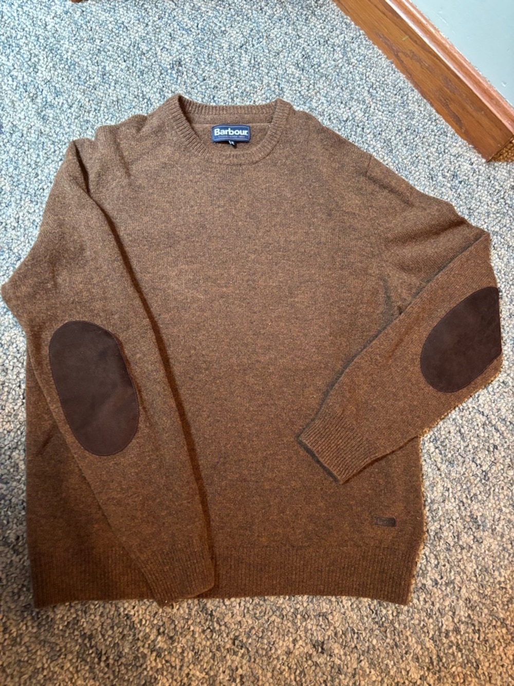 Barbour Brown Crewneck Sweater with Dark Brown Elbow Patches